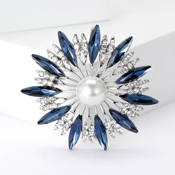 Crystal Sunburst Flower Brooch With Pearl Center for Jackets Scarves and Lapels