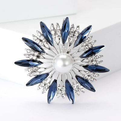 Crystal Sunburst Flower Brooch With Pearl Center front group view