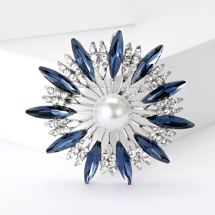 Crystal Sunburst Flower Brooch With Pearl Center for Jackets Scarves and Lapels