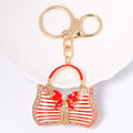 Red Enamel Striped Handbag Keychain Bow Rhinestone Gold Clasp view 2