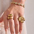 Sculptural Flower and Waterdrop Open Rings in Gold Tone view 3