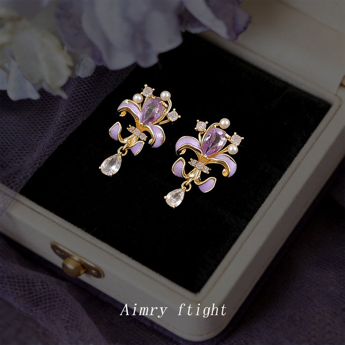 Gold Tone Purple Iris Clear Stone And Teardrop Stud Earrings