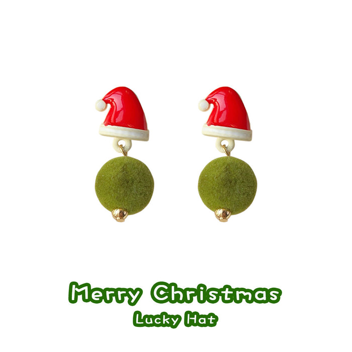 Red Santa Hat Stud Earrings With Green Pom-Pom Drops