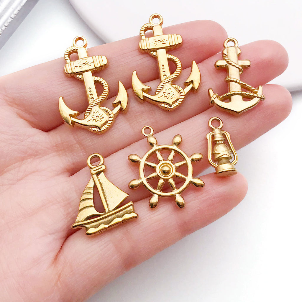 Gold Stainless Steel Anchor Ship Wheel Lighthouse Charm Pendant for DIY Nautical Jewelry