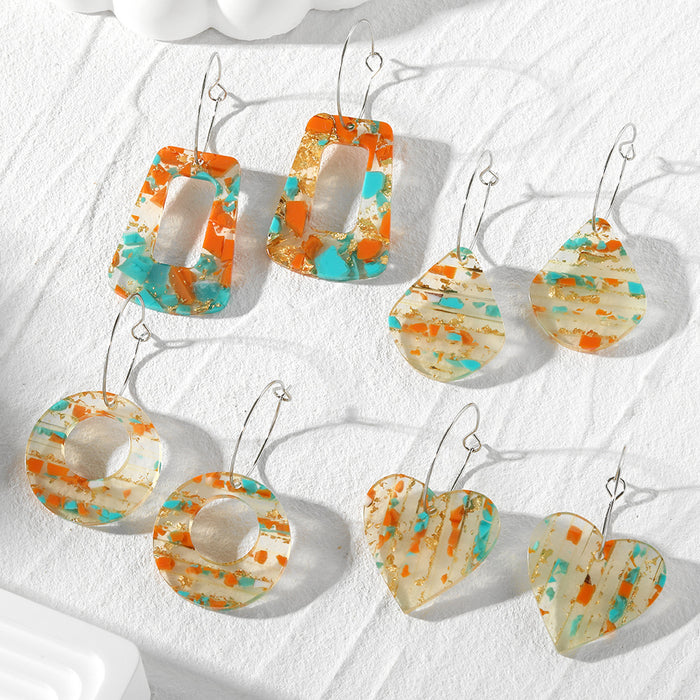 Orange and Turquoise Chip Resin Geometric Hoop Earrings