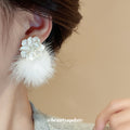 White Pom Pom Drop Earrings with Layered Flower Studs view 3