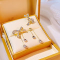 Gold Rhinestone Bow Drop Earrings Dual Crystal Dangles view 4