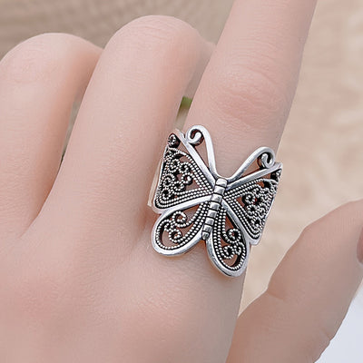 Antique Silver Tone Butterfly Filigree Ring Polished Metal Jewelry front product view