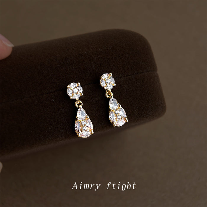 Gold Tone Clear Round And Teardrop Faceted Stone Drop Stud Earrings