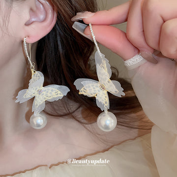 Sheer White Butterfly Hook Earrings with Round Pearl Drops