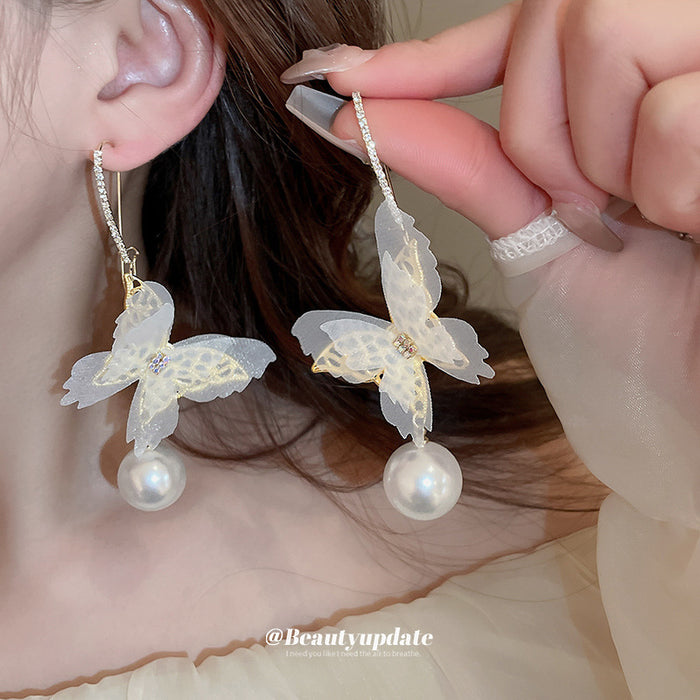 Sheer White Butterfly Hook Earrings with Round Pearl Drops