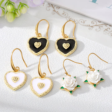 Gold Tone Enamel Heart and White Rose Hook Earrings