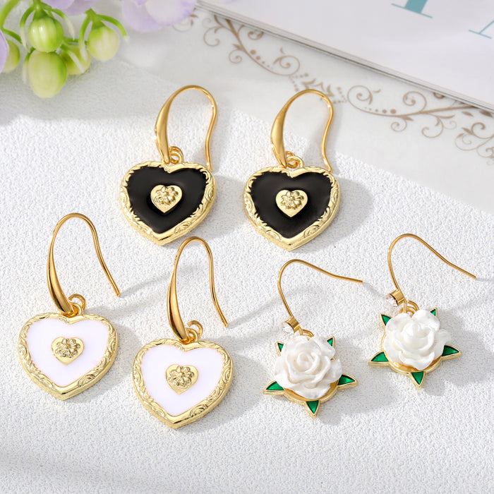 Gold Tone Enamel Heart and White Rose Hook Earrings