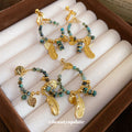 Green Beaded Hoop Charm Clip Earrings with Distinctive Textured Details view 4