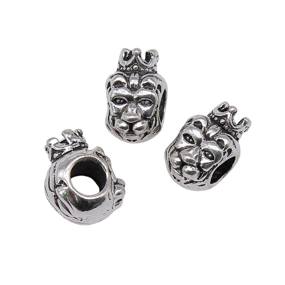12x9x7mm 1.8g Antique Silver Zinc Alloy Crown Lion Head Large Hole Beads for DIY Bracelet Jewelry