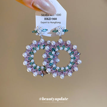 Pastel Crystal Round Drop Earrings with Floral Tops