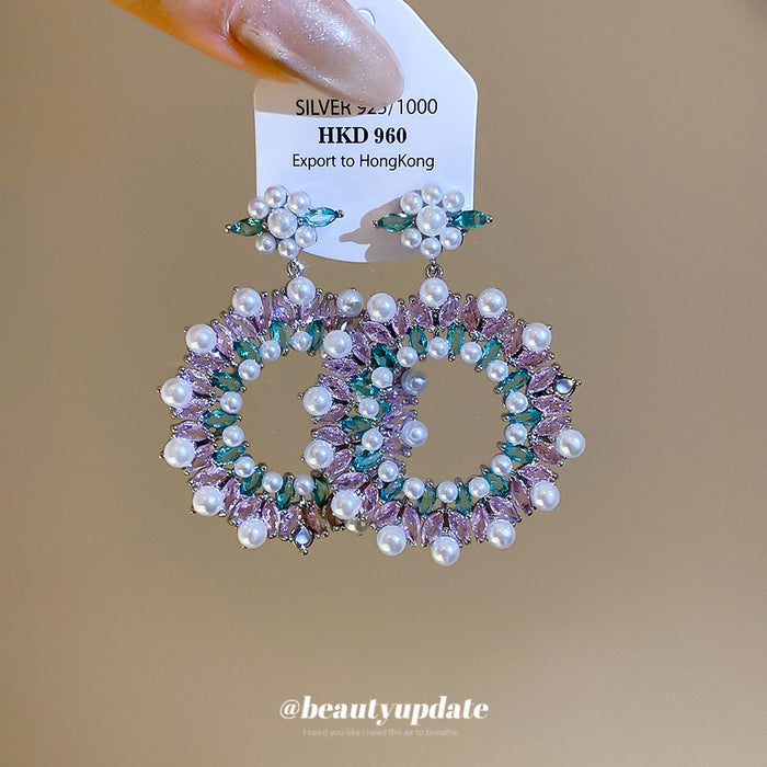 Pastel Crystal Round Drop Earrings with Floral Tops