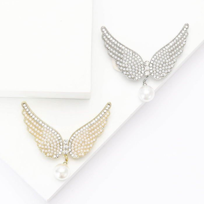 Crystal Angel Wing Brooch With Pearl Drop for Jackets Scarves and Coats