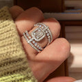 Silver Tone Emerald Cut Halo Multi Band Pave Finger Ring view 1