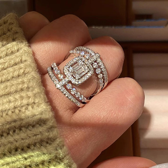 Silver Tone Emerald Cut Halo Multi Band Pave Finger Ring