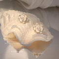 White Camellia Flower Stud Earrings Pearl Center Gold Tone Rim view 4