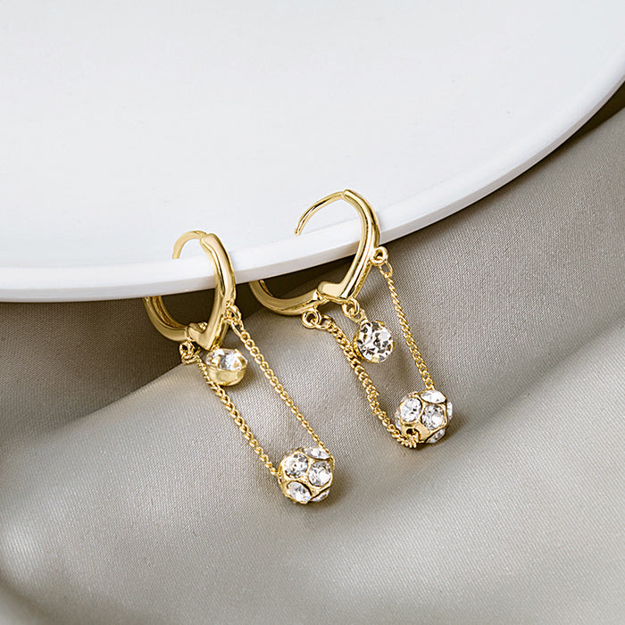Gold Heart Huggie Hoop Earrings Crystal Ball Dual Chain