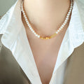 White Pearl Necklace Gold Geometric Square Bead Center view 6