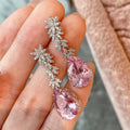 White Gold Floral Pink Pear Drop Dangle Earrings Metal view 3