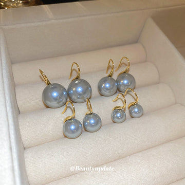 Gold Tone Hook Earrings with Gray Pearl Drops in Four Sizes