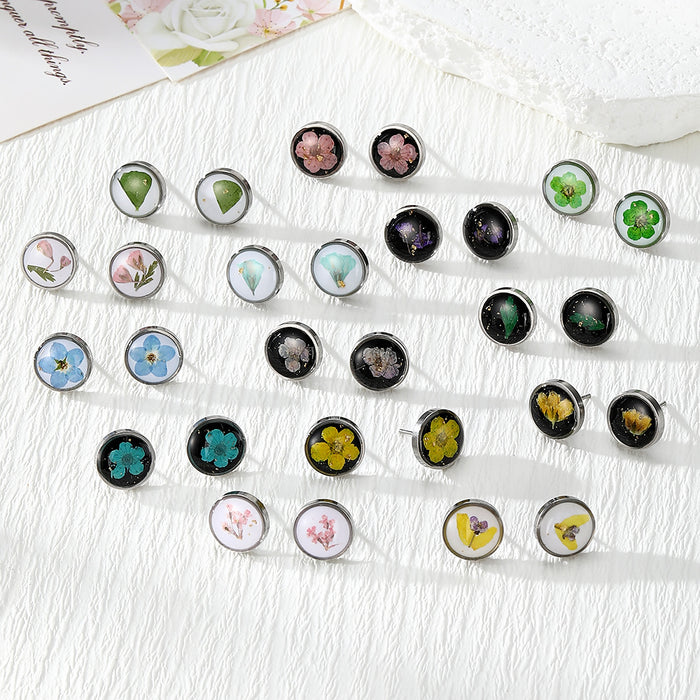Round Pressed Flower Stud Earrings in Fourteen Designs