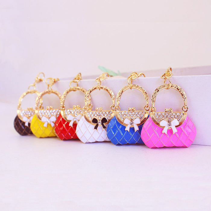 Rhinestone Handbag-Shaped Keychain With Bow And Lobster Clasp