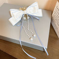 Satin Bow Hair Claw With Pearl Like Fringe In Blue White Or Lavender view 6