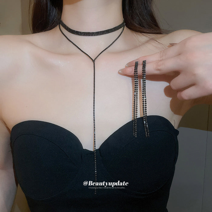 Rhinestone Y Choker Long Tassel Earring Two Piece Set