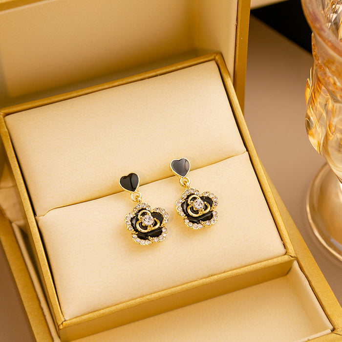 Black Heart and Camellia Flower Clear Look Drop Earrings