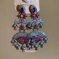 Silver Red and Pink Fan Drop Earrings with Ornate Fringe view 3