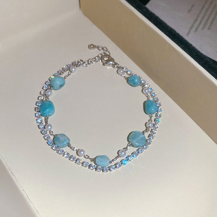 Silver Blue Stone CZ Bracelet Green Cat Eye Star Ring