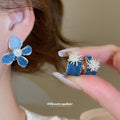 Blue Denim Effect Flower And Hoop Stud Earrings Jewelry view 2