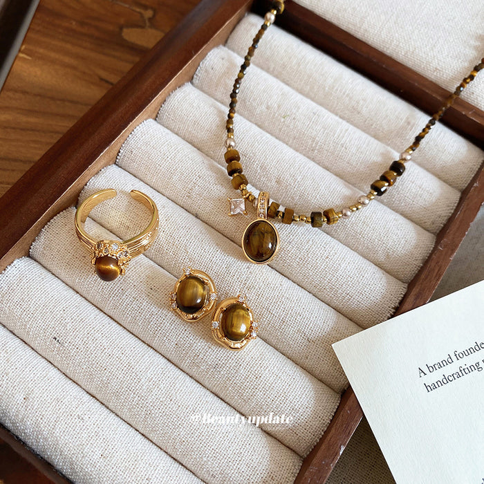 Gold Brown Tiger Eye Cabochon Ring And Stud Earrings