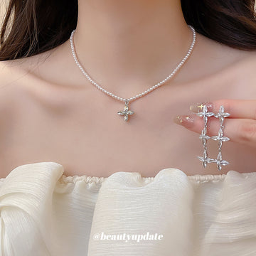 Pearl Bead Cross Pendant Necklace Triple Crystal Cross Drops