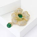 Green Center Flower Brooch With Hanging Bead With Polished Metal Detail view 3