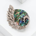 Iridescent Shell Effect Disc Brooch With Feathered Bird Curve view 2