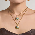 Gold Stainless Steel Enamel Floral Disc Pendant Necklace view 4