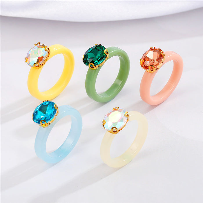 Pastel Resin Band Rings with Oval Crystal Settings in Five Colors