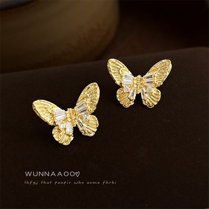 Gold Butterfly Stud Earrings Clear Baguette Crystal Accents