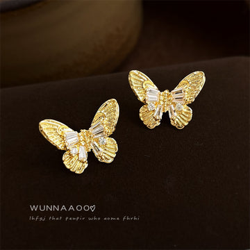 Gold Butterfly Stud Earrings Clear Baguette Crystal Accents