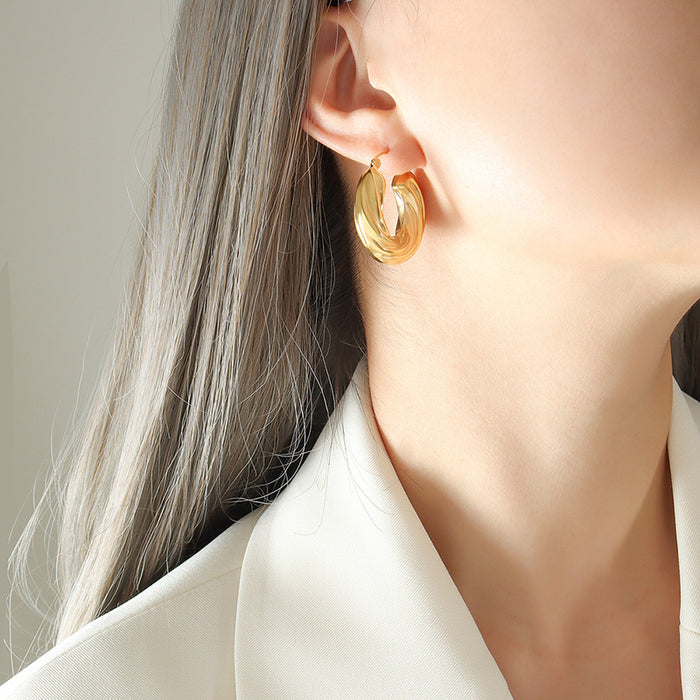 Gold Twisted Ribbed U Shape Chunky Hoop Earrings Pair