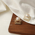 Gold Square Mabe Pearl Stud Earrings Curb Chain Frame view 4