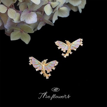 Gold Flying Fish Stud Earrings Pastel Enamel CZ Wings