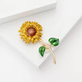 Yellow Enamel Sunflower Brooch Green Leaf Gold Stem Pin view 2