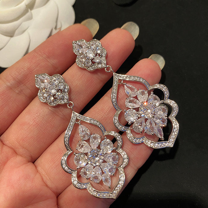 Silver Crystal Openwork Floral Drop Earrings Jewelry Accessory